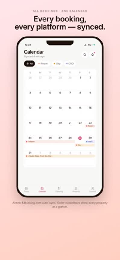 HostMaster calendar with colour-coded bookings across three rental properties
