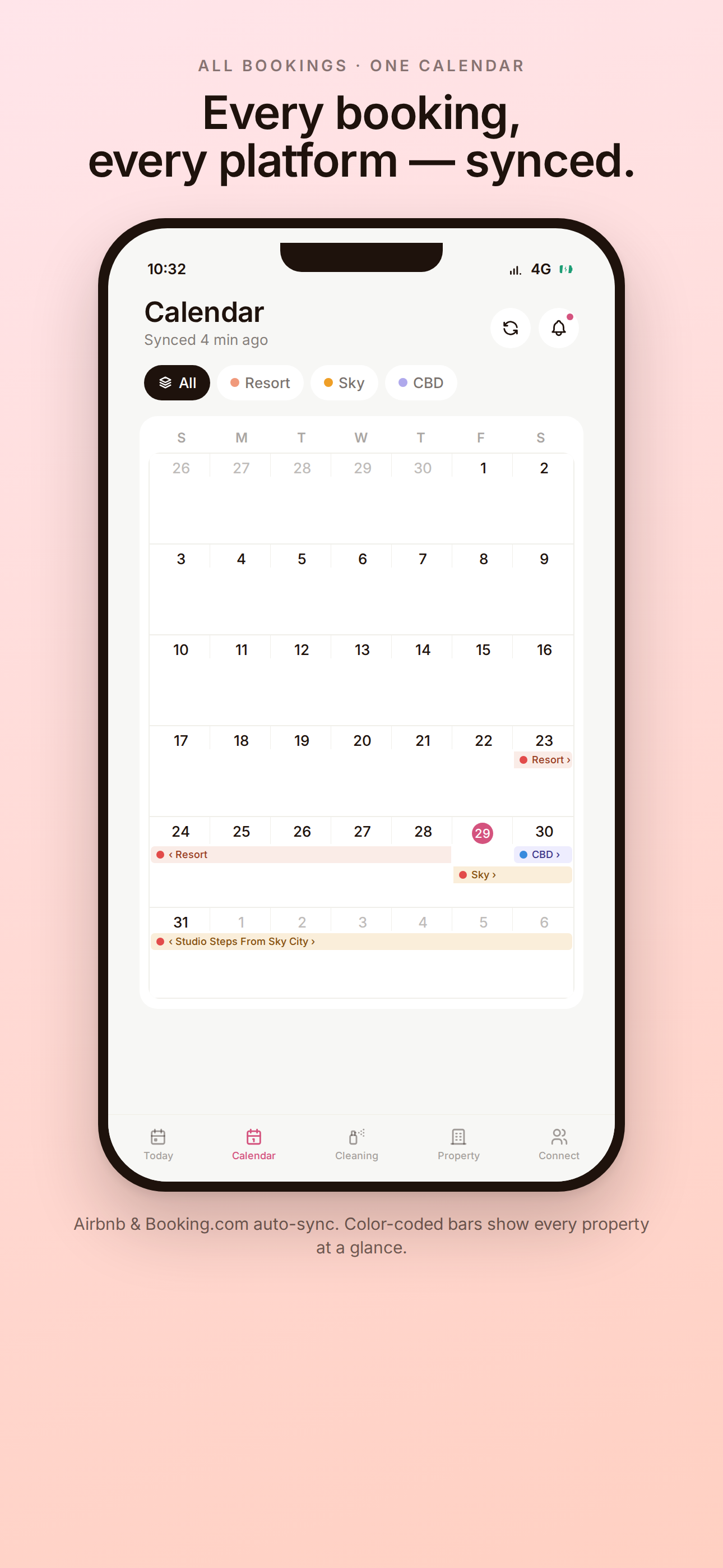 Calendar view with colour-coded booking bars and platform dots