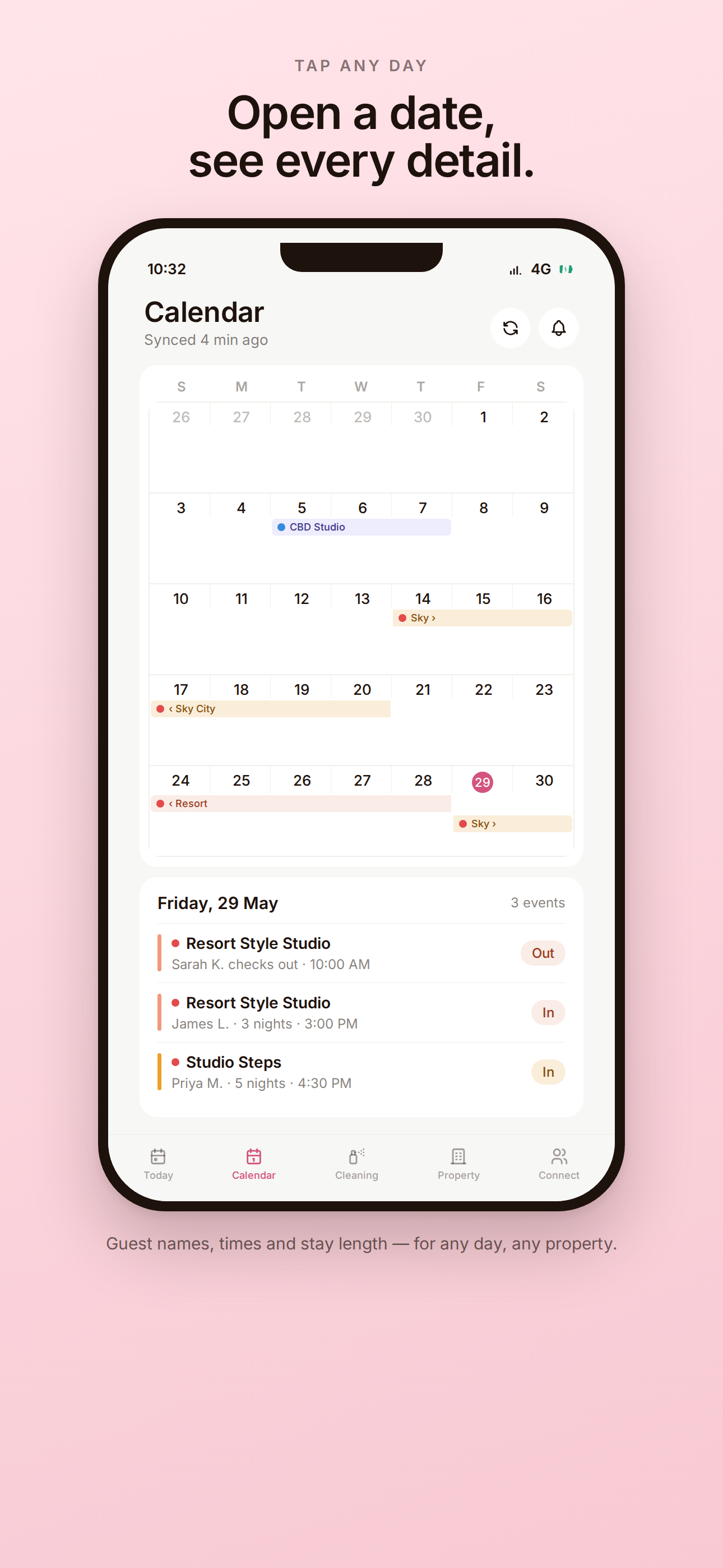 A single day expanded to show guest names, times and stay lengths