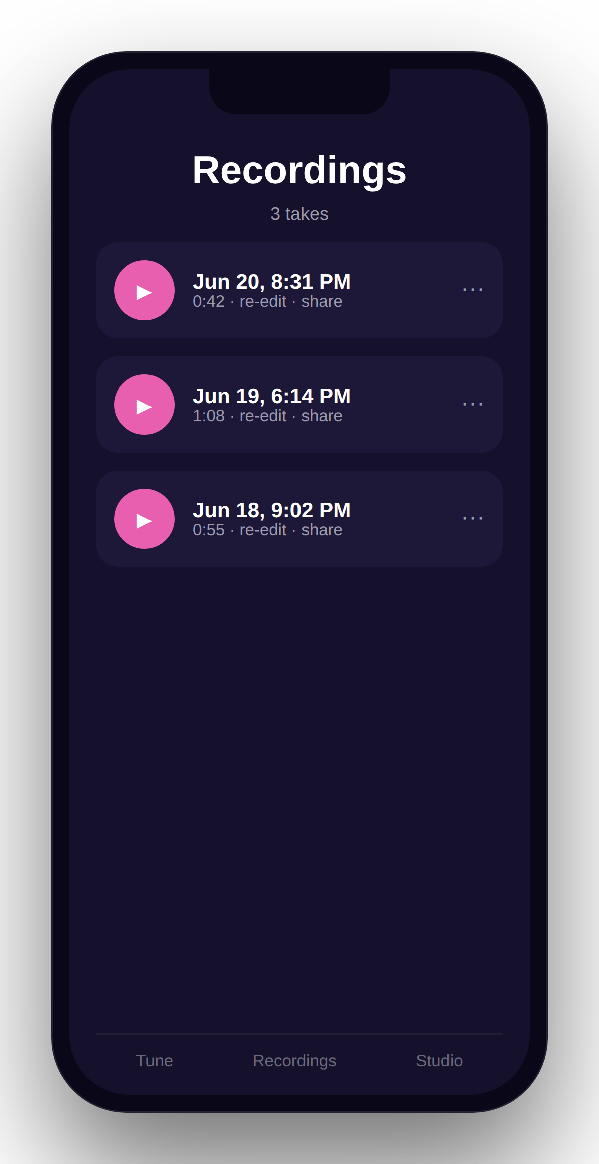 Singium recordings library: saved takes to play back, rename and share