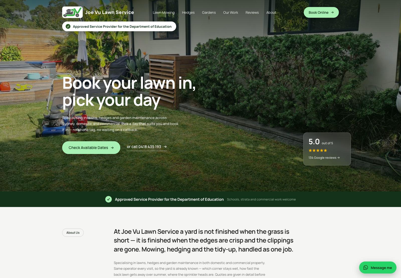 The Joe Vu Lawn Service homepage — a mown Sydney back lawn behind the booking heading