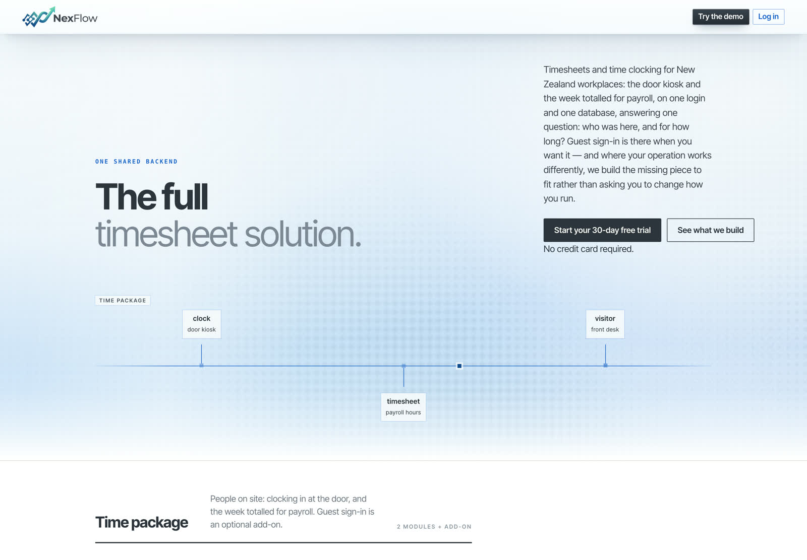 The NexFlow homepage for timesheet and time-clocking software, on a pale blue background